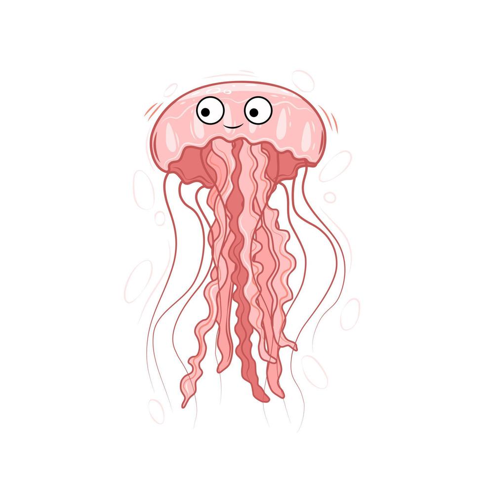 Pink jellyfish on a white background. Cartoon character. Vector illustration.