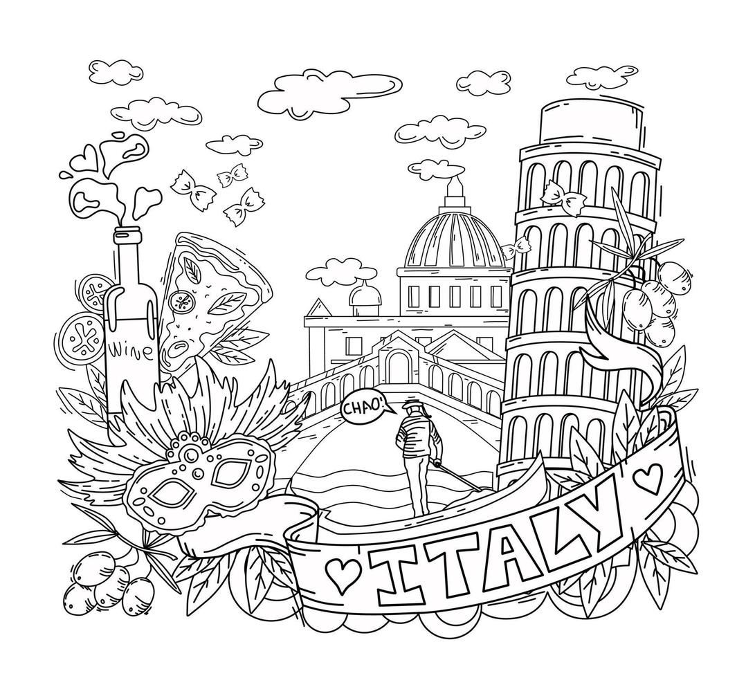 Vector illustration and coloring book Italy. City attraction. Objects are isolated.