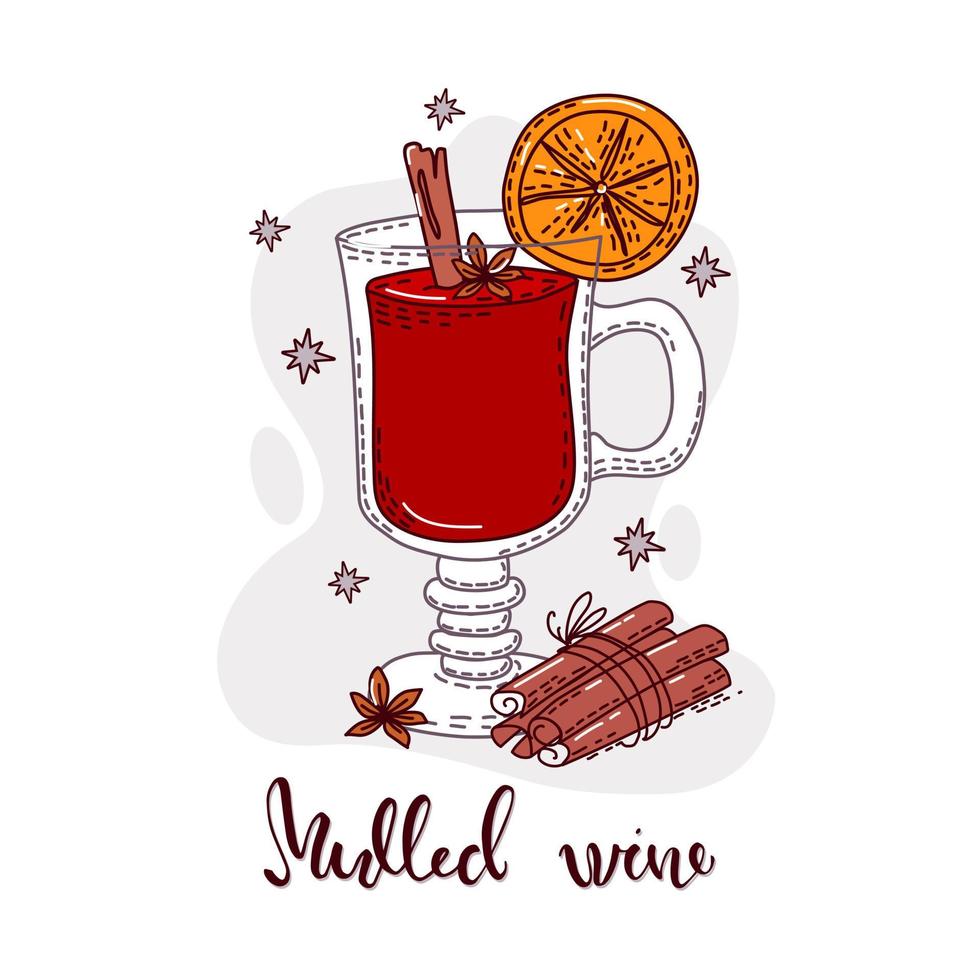 Hot drink mulled wine and cinnamon sticks. Vector illustration.