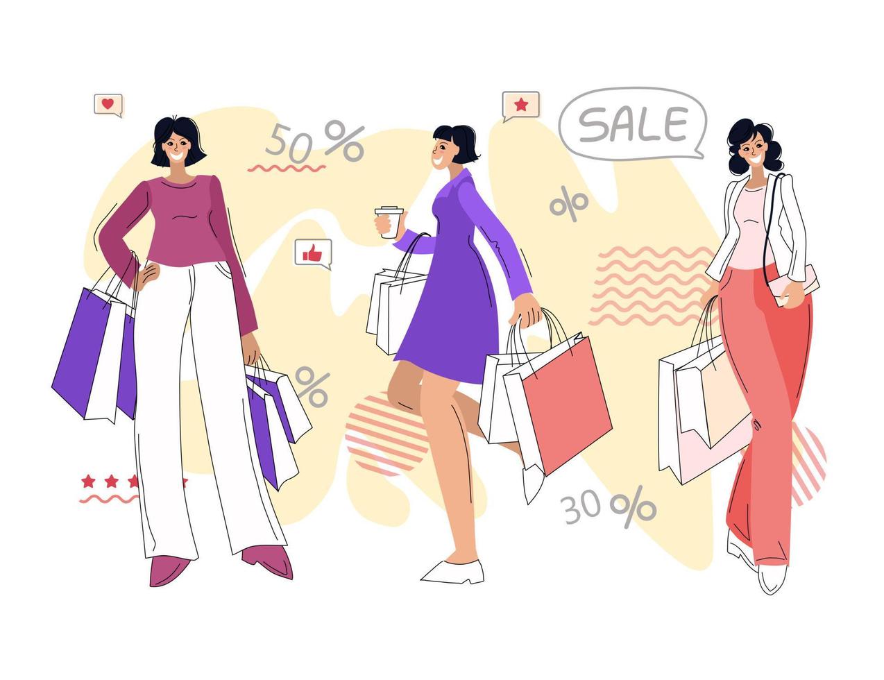 Happy women with purchases. Sale. Objects are isolated. vector