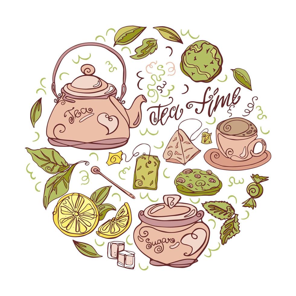 Tea ceremony set on white background. Hand-drawn. Vector illustration.