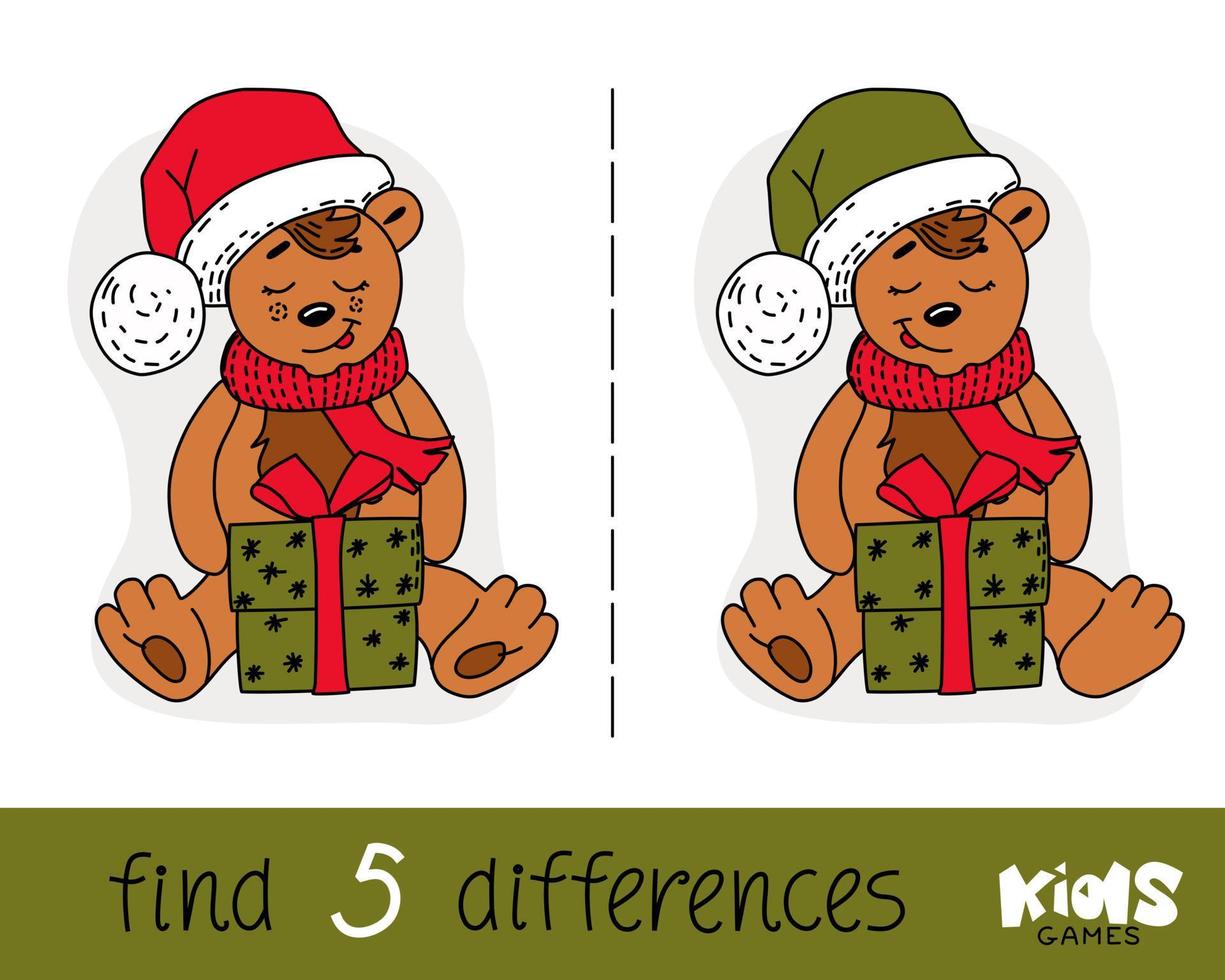 Children visual puzzle find five differences. Logic game with a bear. Vector. vector