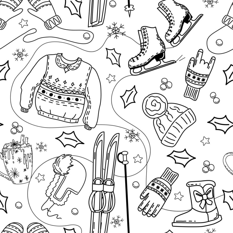 Winter seamless pattern with skates, skis, clothing. Coloring book. Vector. vector