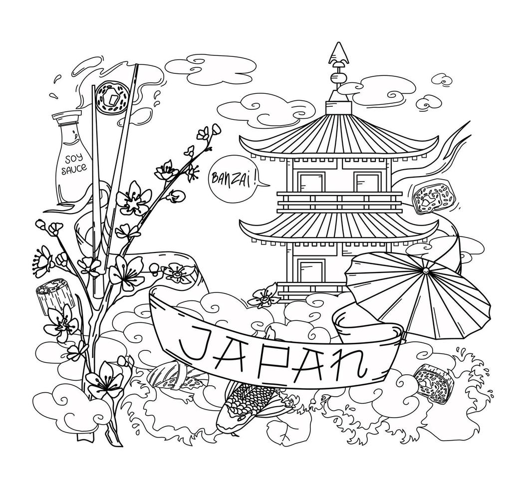 Vector linear illustration of Japanese culture with text. Coloring pages. Objects are isolated.