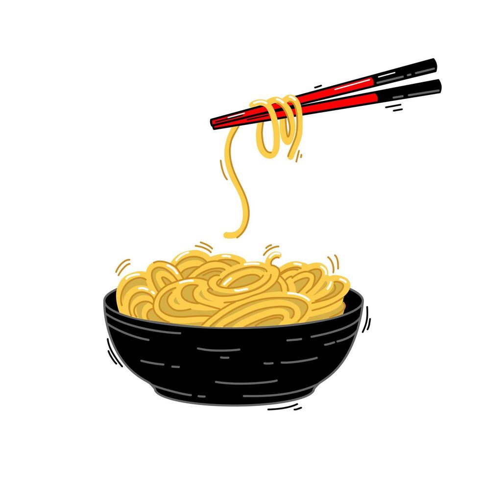 Oriental noodles with chopsticks isolated on a white background. Vector illustration.