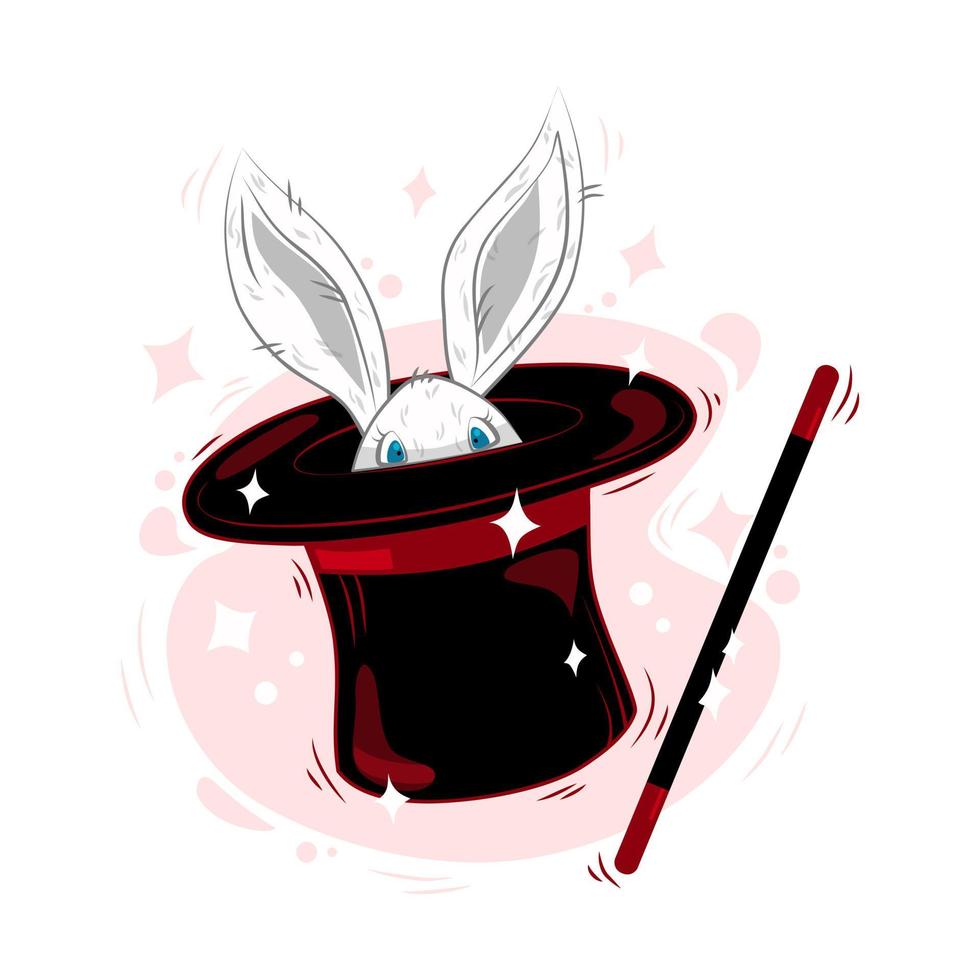 Magic hat with Bunny ears, a white rabbit in a hat with a magic wand in action and stars. Vector illustration in cartoon style. Isolated background.