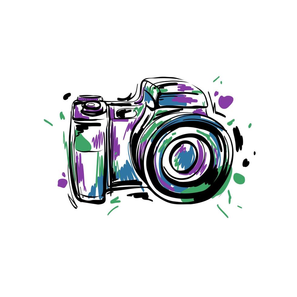 Vector illustration of a camera drawn by hand. Isolated background.