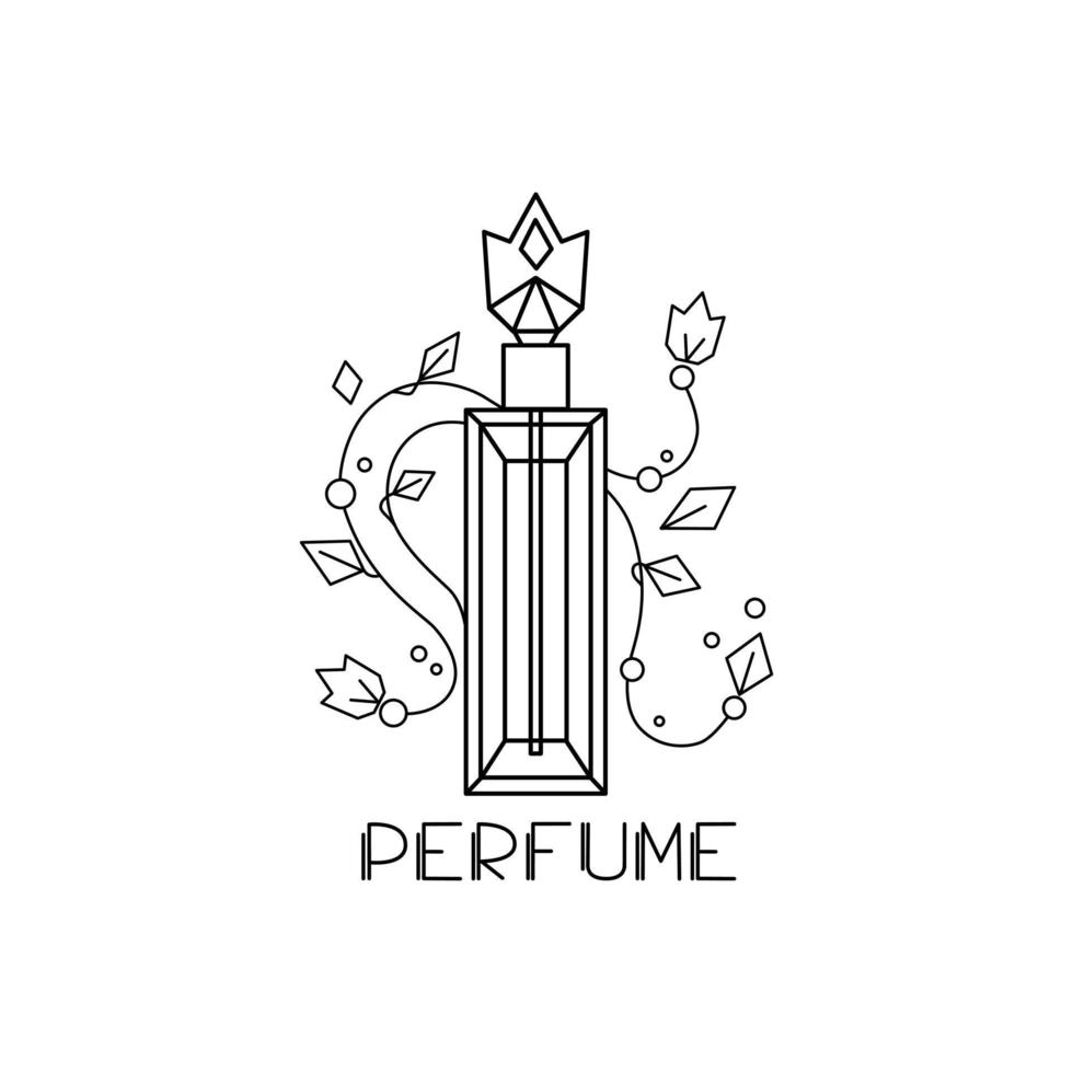 Perfume bottle on a white isolated background. Vector illustration. Linear style. Logo.