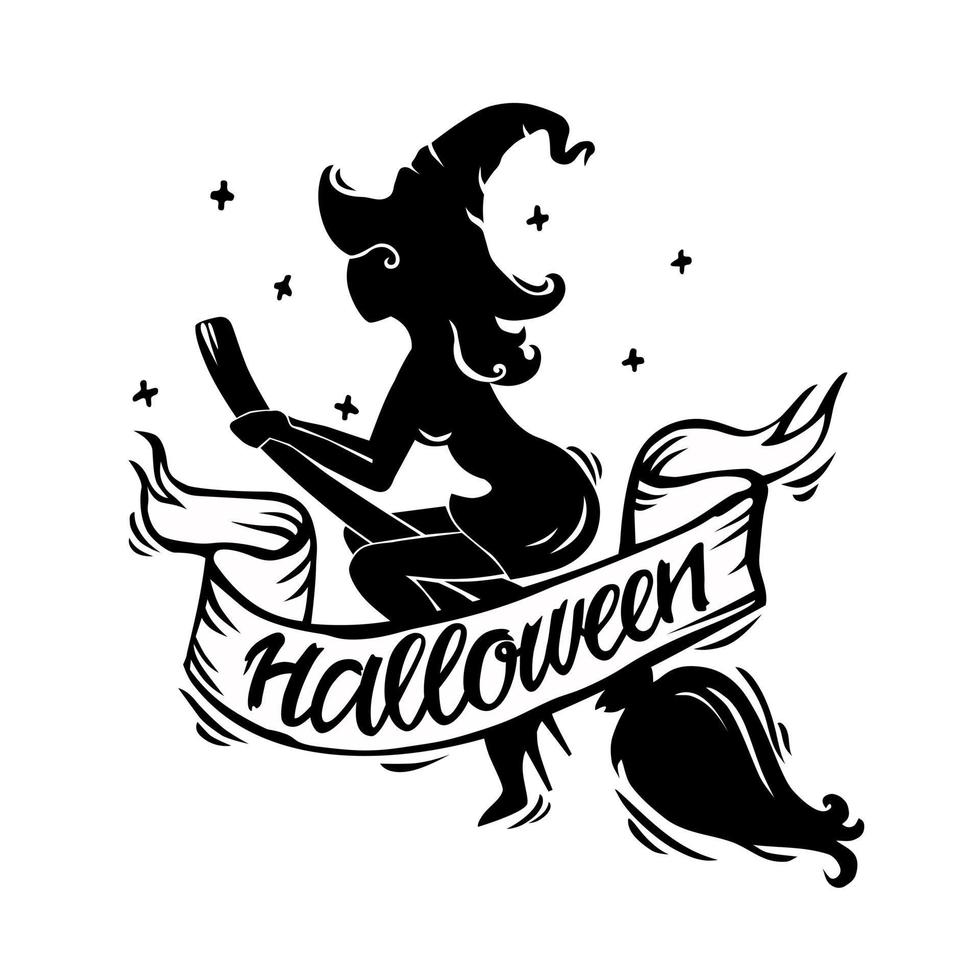 Vector illustration of a Halloween silhouette of an evil witch with a hat on a broom. Feed with text. Objects are isolated. For your design.