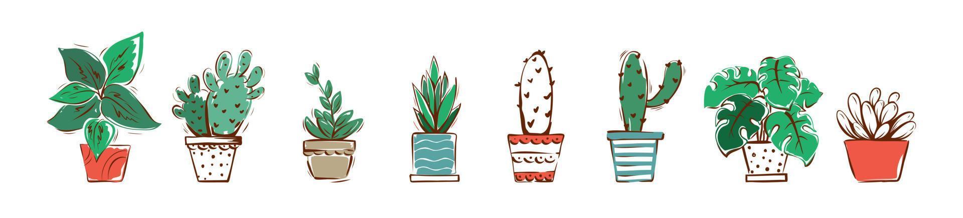 Vector illustration with home decor, plants, cacti, tropical leaves. Hygge. Isolated background.