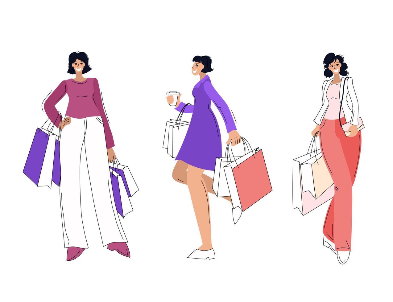 Women with shopping on a white isolated background. Vector illustration.