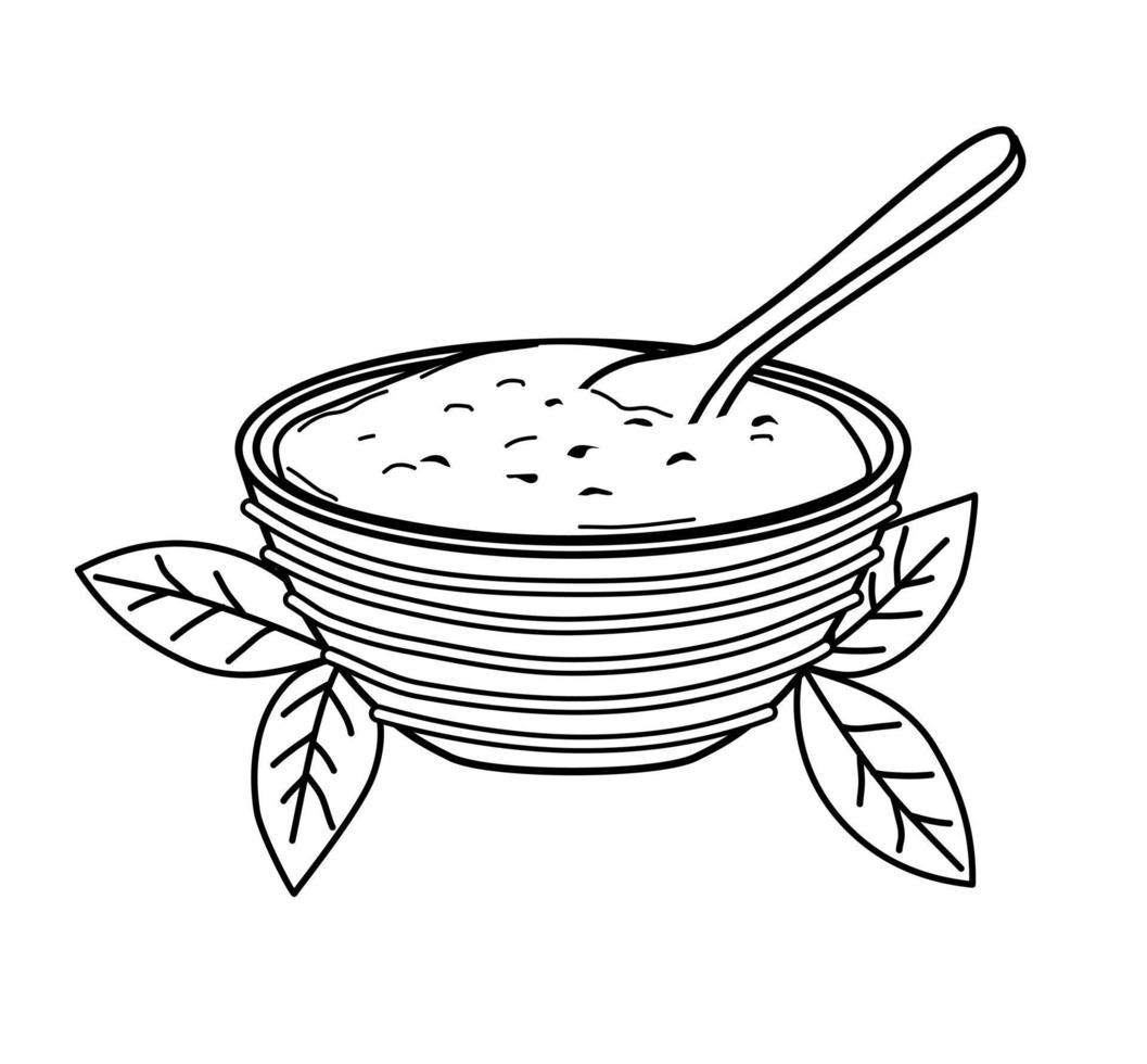 Matcha tea powder in a bowl with a spoon on a white background. Vector illustration . Icon. Outline.