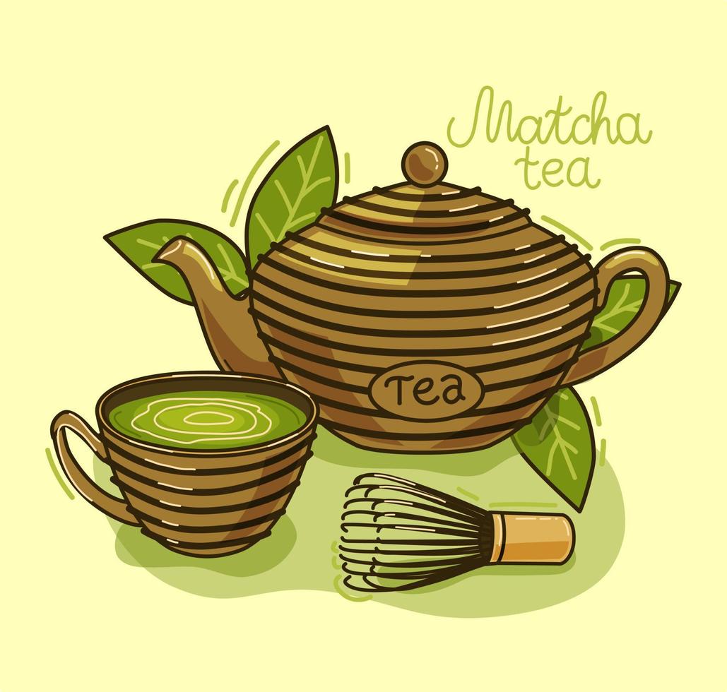 té matcha - bebida asiática. tetera, hojas de té matcha, taza. ilustración vectorial vector