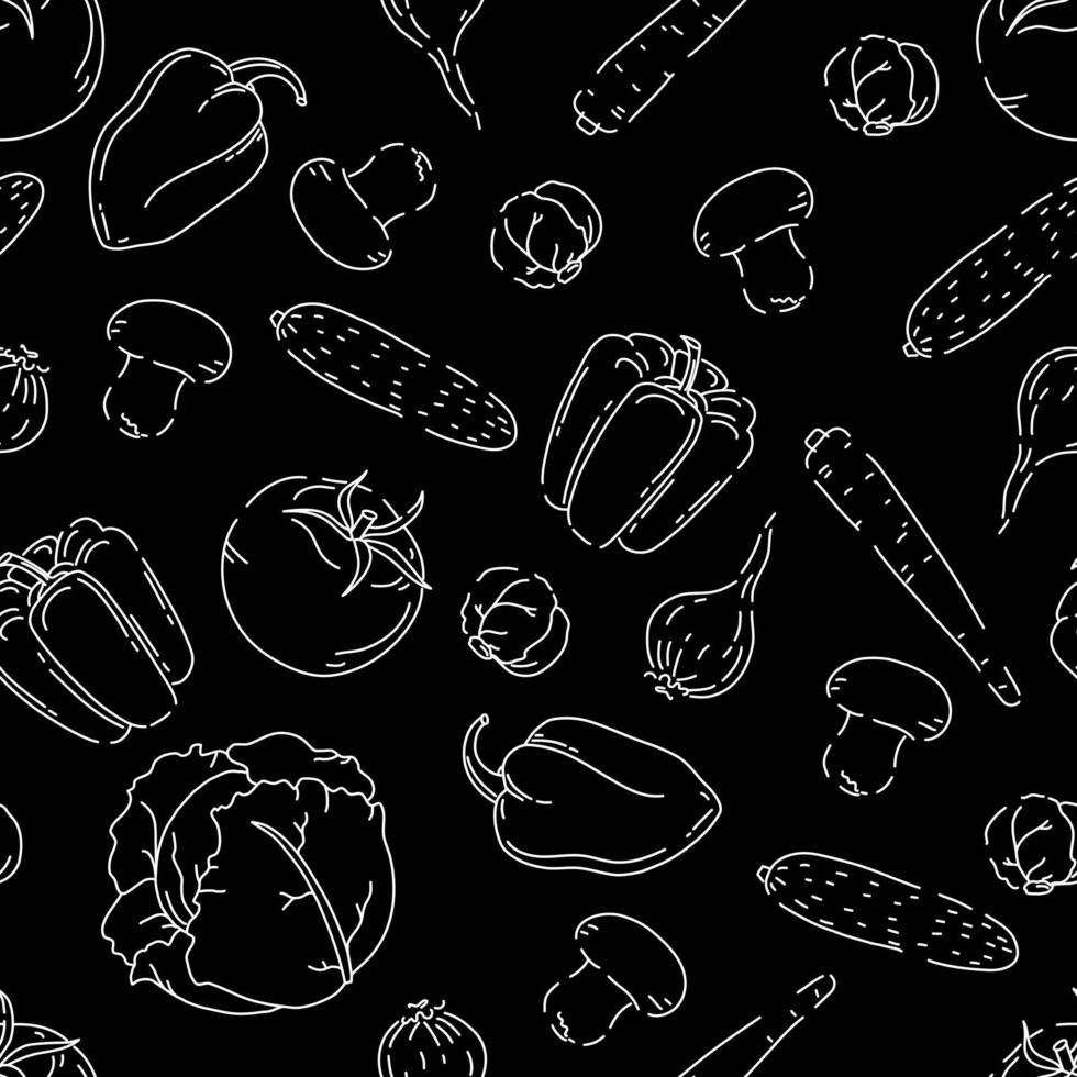 Vegetables and mushrooms seamless pattern on black background. Vector illustration.