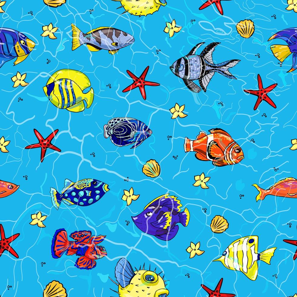 Colorful seamless pattern with exotic fish. Vector illustration.