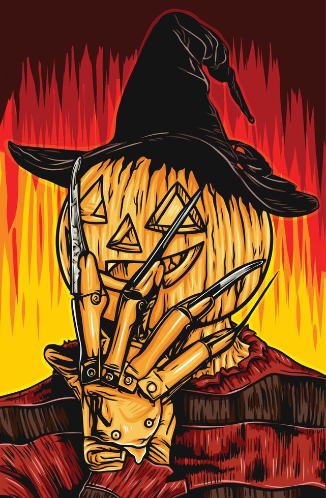 Pumpkin head wearing witch hats with hand and claws vector illustration
