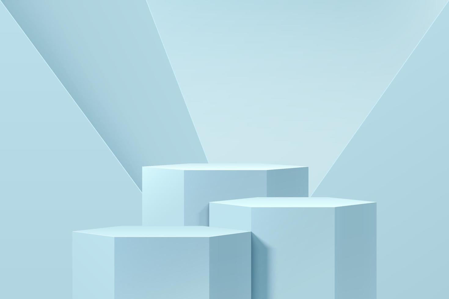 soporte hexagonal 3d azul claro realista o conjunto de podio con fondo de forma geométrica. escena de pared mínima pastel para exhibición de productos, exhibición de promoción. diseño de plataforma de sala de estudio abstracto vectorial. vector