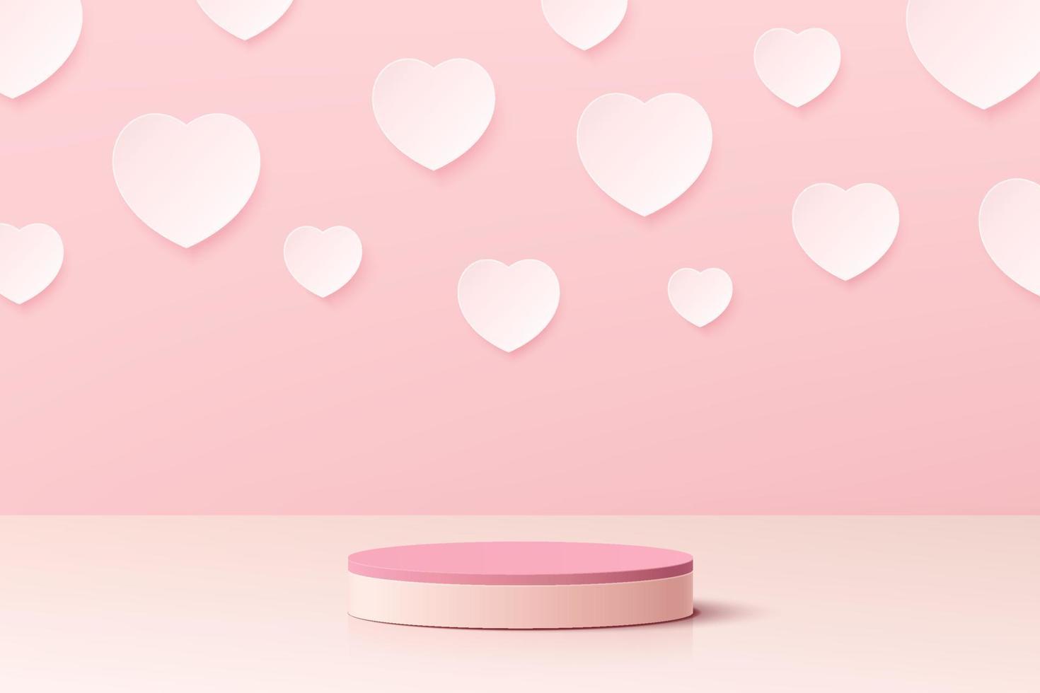 Realistic pink and white 3D cylinder pedestal podium with heart shape in paper cut style. Valentine minimal scene for products showcase, Promotion display. Vector abstract studio room platform design.