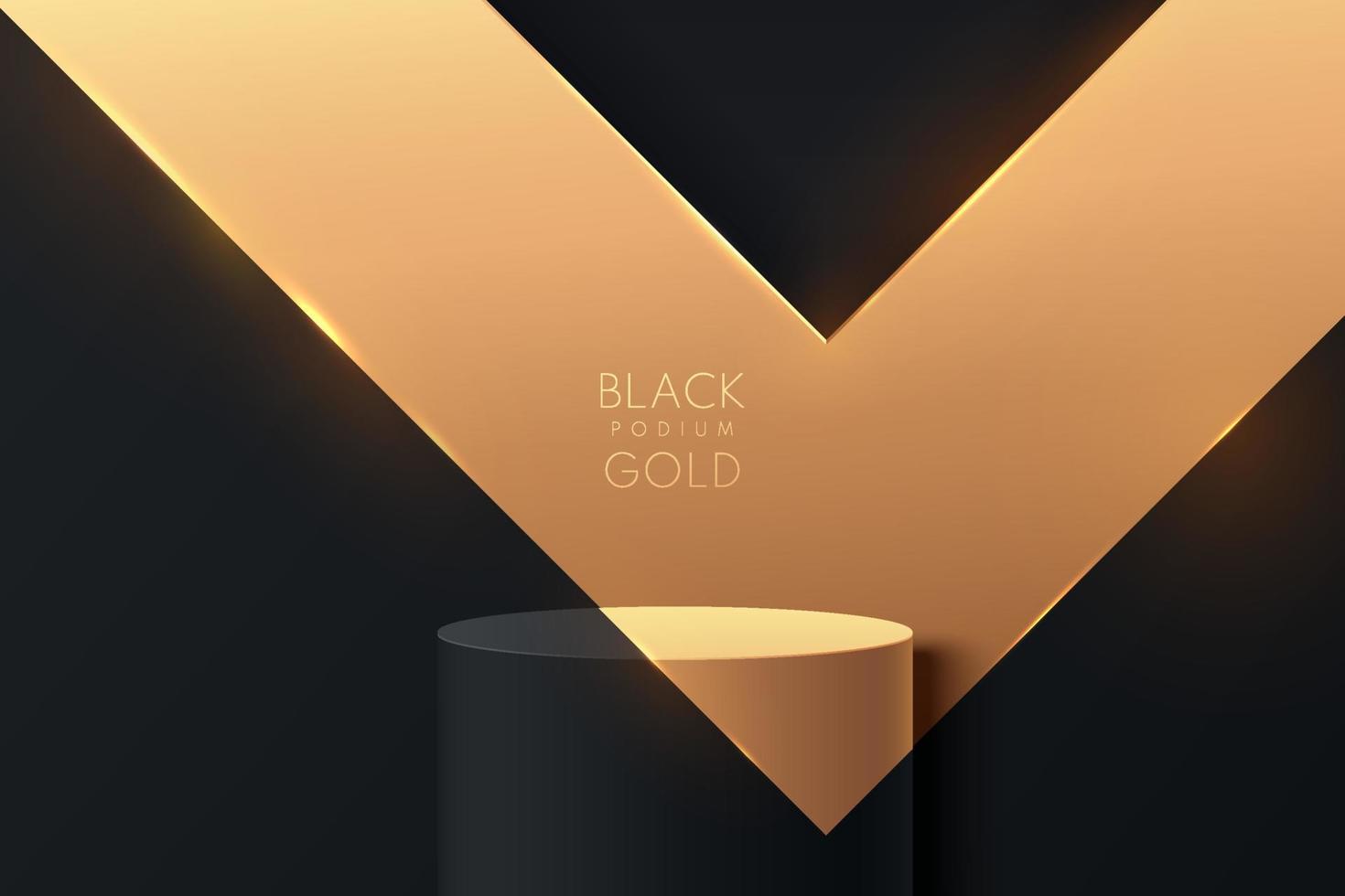 Realistic black and gold 3D cylinder stand or podium with luxury golden triangle background. Minimal scene for products showcase, Stage promotion display. Vector abstract studio room platform design.