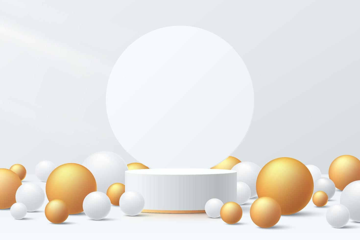 Realistic gold and white 3D cylinder pedestal podium with luxury sphere ball or bubbles. Minimal wall scene for products showcase, Stage promotion display. Vector abstract studio room platform design.