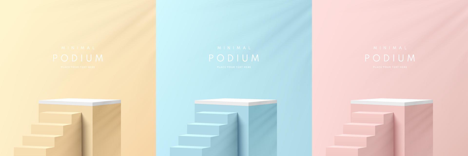 Set of pink, yellow, blue and white realistic 3d cube pedestal podium with stairs and leaf shadow overlay. Abstract studio room. Pastel minimal scene for products stage showcase, Promotion display. vector