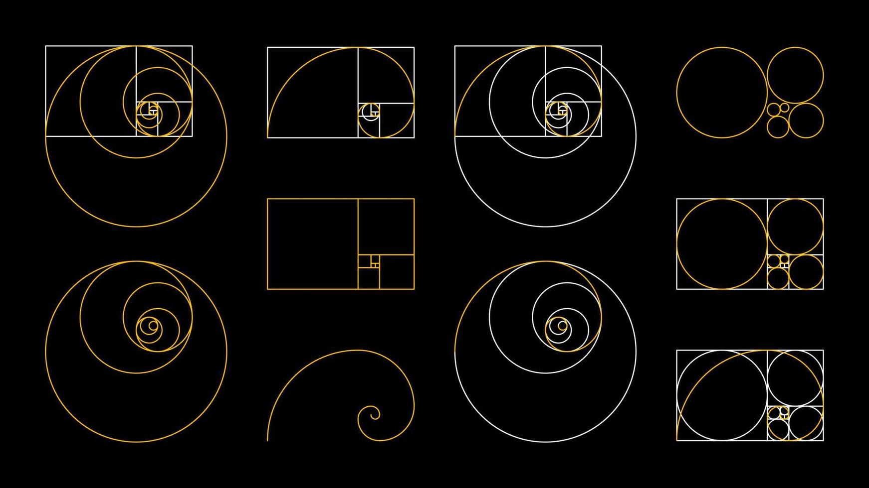 Golden Ratio Fibonacci set. A spiral for harmony, composition, logos and designs. Correct proportions. vector