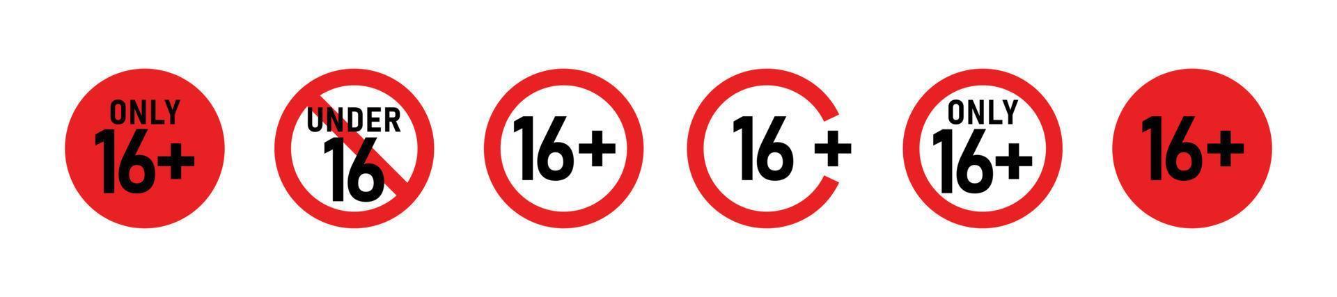 16 plus sign set. Sixteen. For adults only. Age restrictions, censorship, parental control. Icon for content, movies, alcohol, night clubs and bars. vector