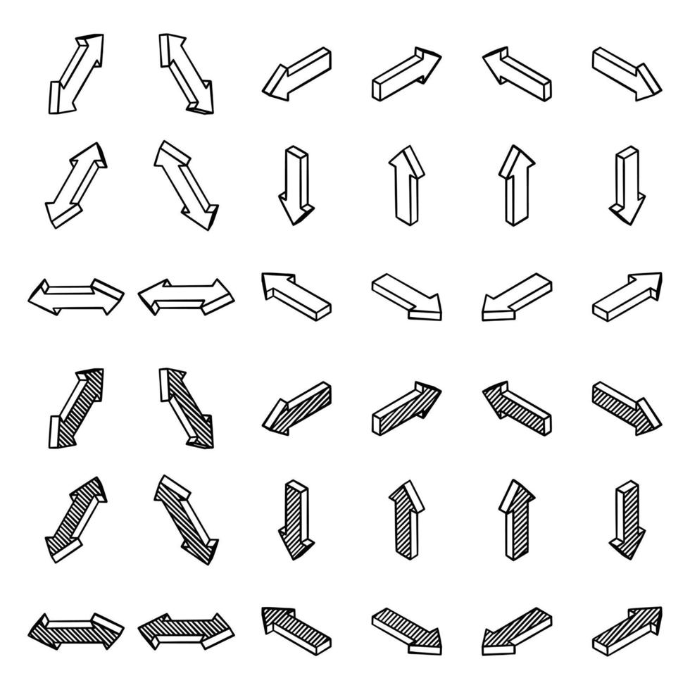 Set of isometric arrows. 3d black with hatching and without. Use as side pointers, loading, cursor, refresh. Isolated vector illustration on white background.