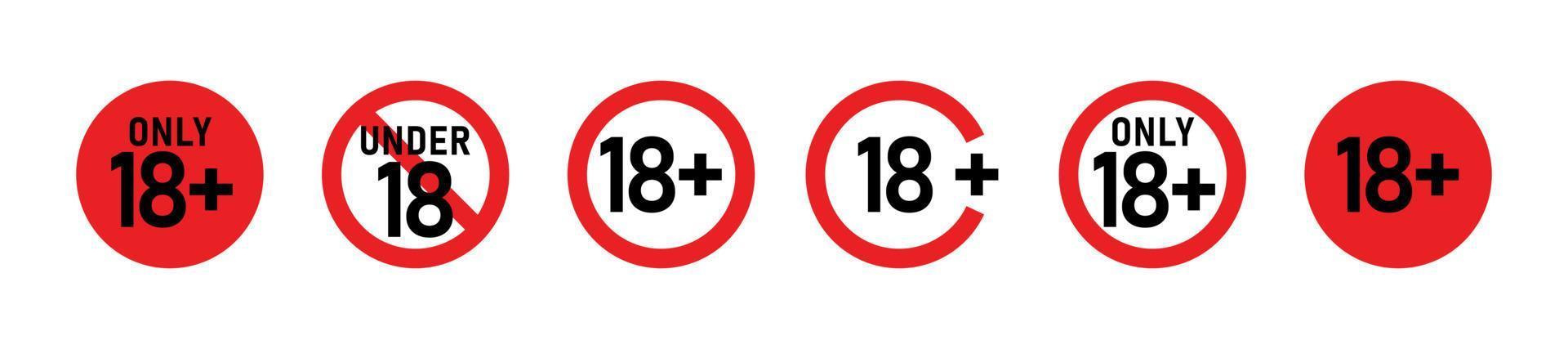 18 plus sign set. Eighteen. For adults only. Age restrictions, censorship, parental control. Icon for content, movies, clubs and bars. vector