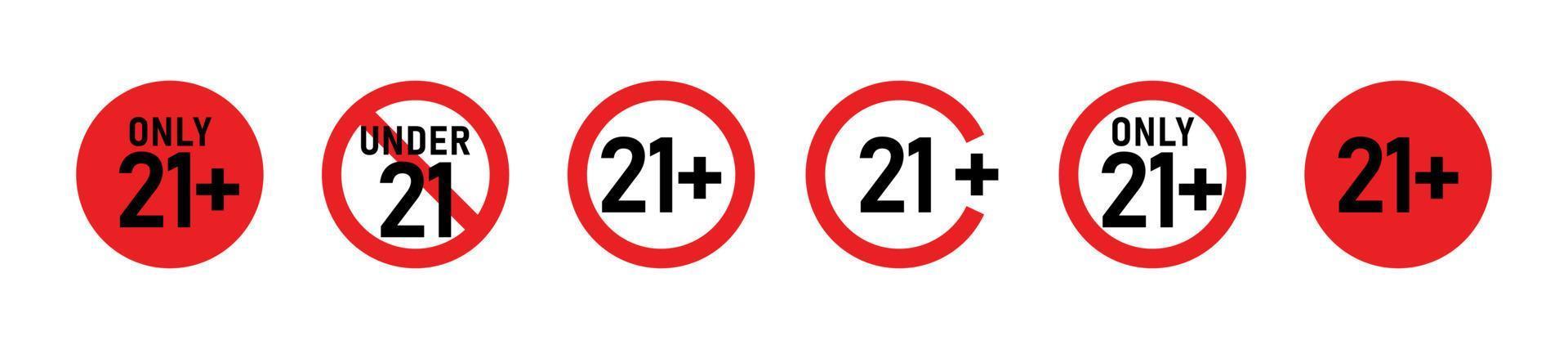 21 más conjunto de signos. veintiuno. sólo para adultos. restricciones de edad, censura. ícono de contenido, películas, alcohol, clubes y bares. vector