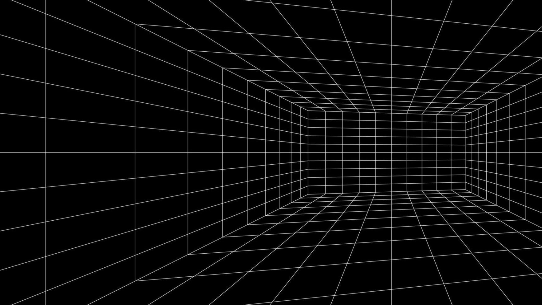 sala de rejilla 3d. perspectiva de fondo negro. realidad virtual, construcción, interiorismo, tecnología y plantilla. ilustración vectorial vector