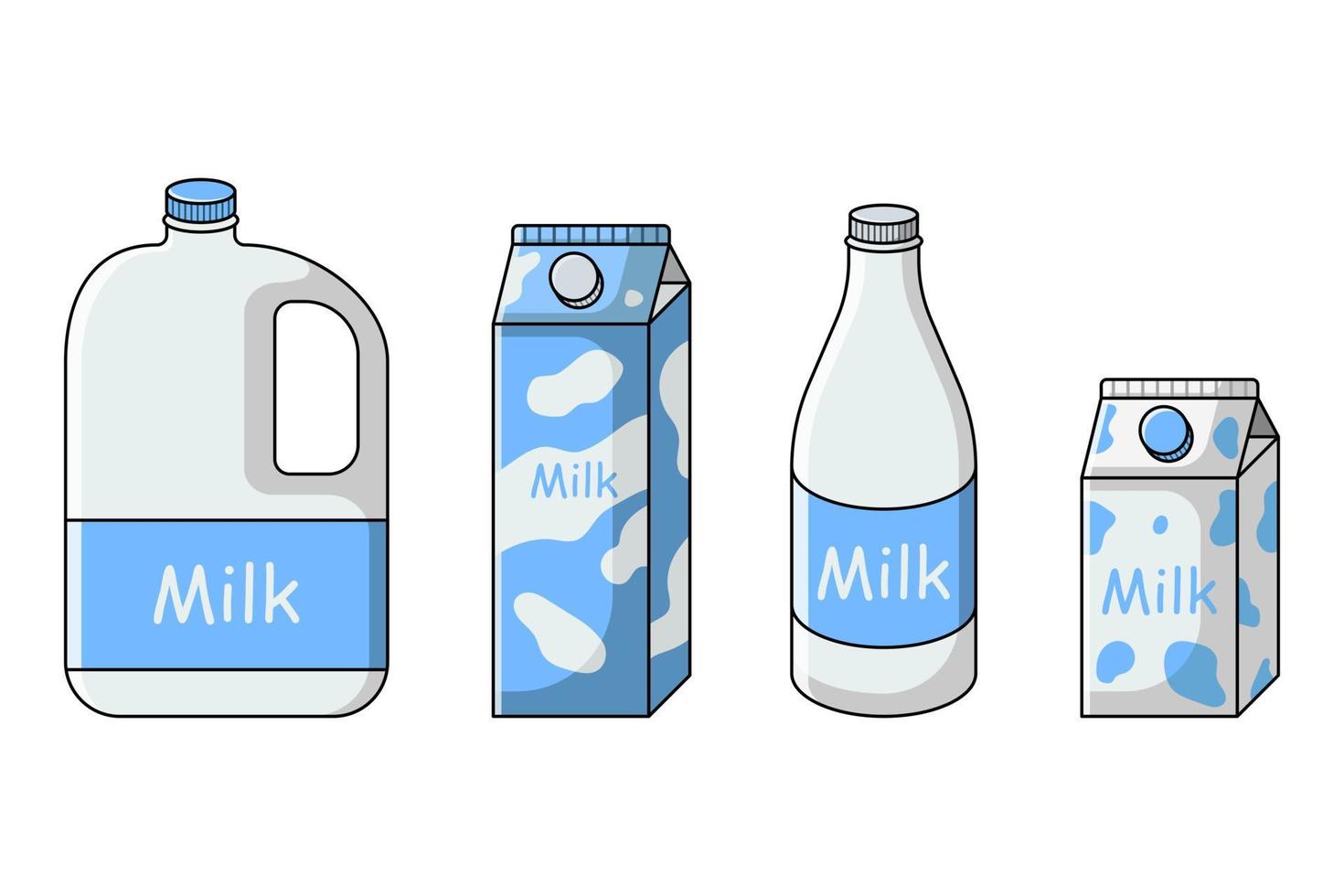 conjunto de leche en diferentes paquetes de cartón, botella, galón, bote. ilustración vectorial aislada sobre fondo blanco. estilo de dibujos animados de línea plana. vector