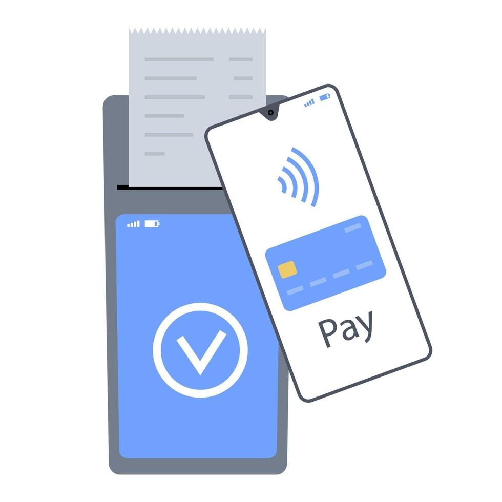 Touchscreen banking terminal. Payment using a smartphone. Bank receipt. Successful contactless payment. Vector illustration in flat style on white isolated background.