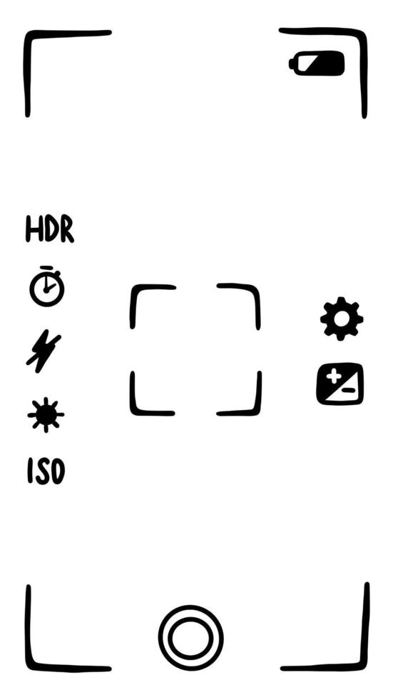 Camera viewfinder application interface on smartphone, screen. Photo shooting mode. Doodle style sketch. Vector illustration.