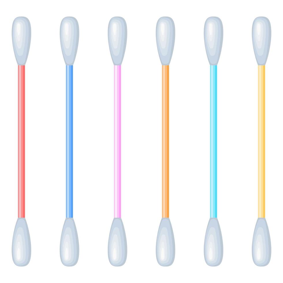 Set of cotton swabs. Multicolored and soft cotton swabs for makeup, hygiene, medicine. Cartoon flat style. Isolated vector illustration on white background.