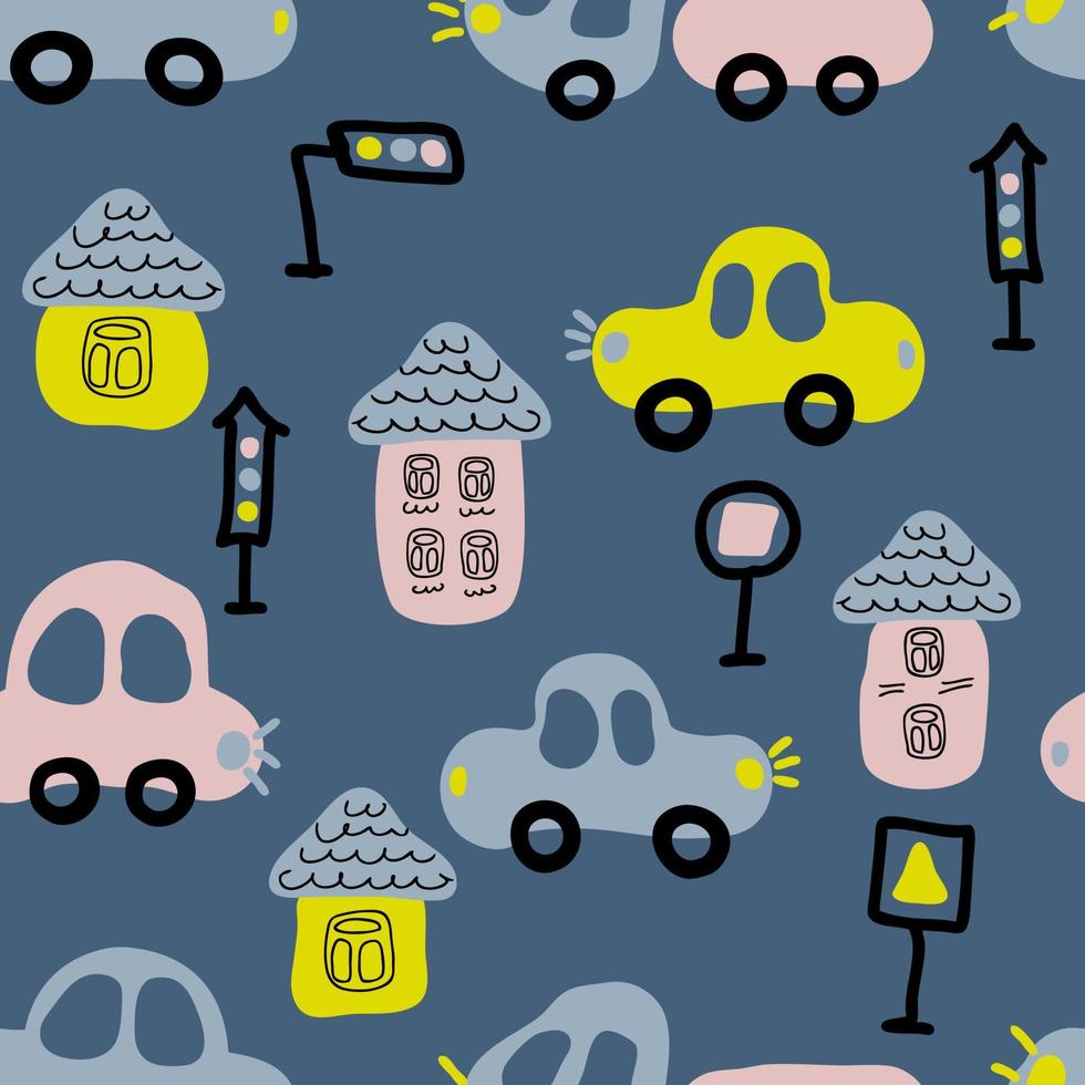 Hand drawn night seamless pattern with cars and houses. vector