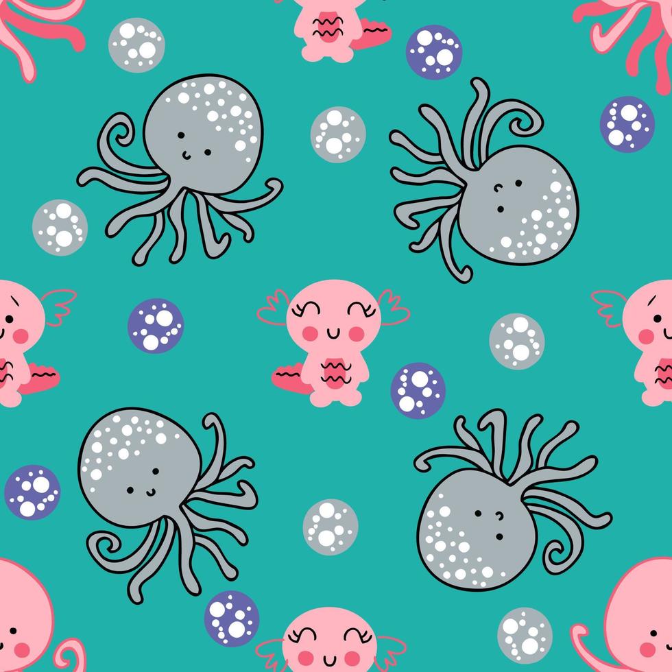 Summer seamless pattern with octopus and axolotls in the sea. vector