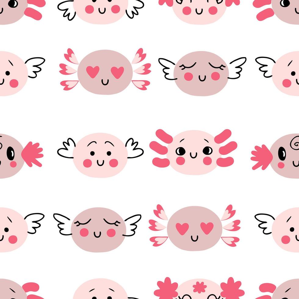 Doodle axolotls caras con diferentes emociones de patrones sin fisuras. vector