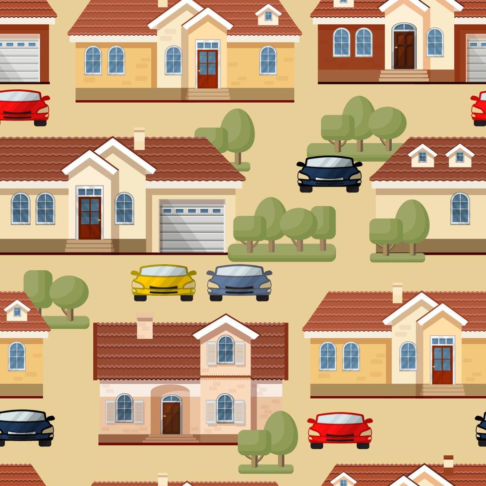 Houses, Cars and Trees.  Vector Seamless Pattern. Town Street Background.