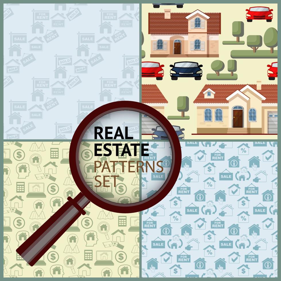 Houses, cars and Real Estate Icons. Set of  Seamless Patterns. vector