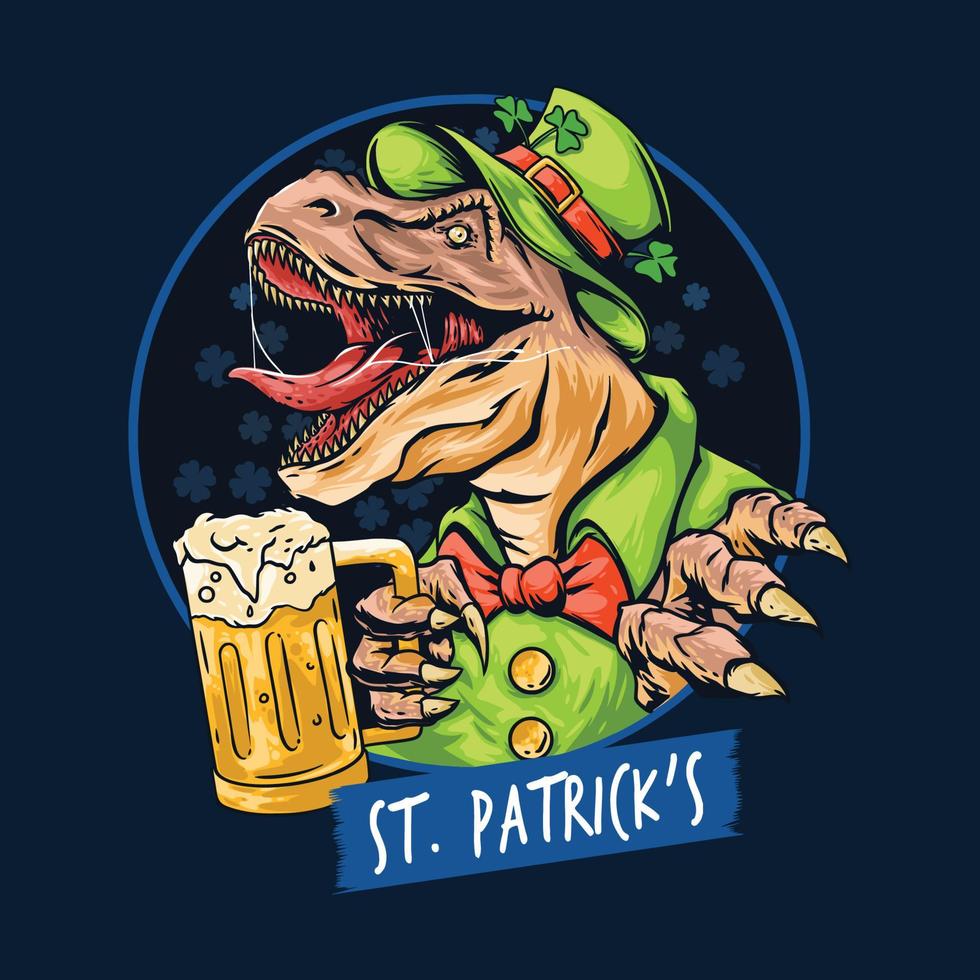 S t. la fiesta del día de patrick con un tema de dinosaurio t-rex trae un vaso de cerveza vector