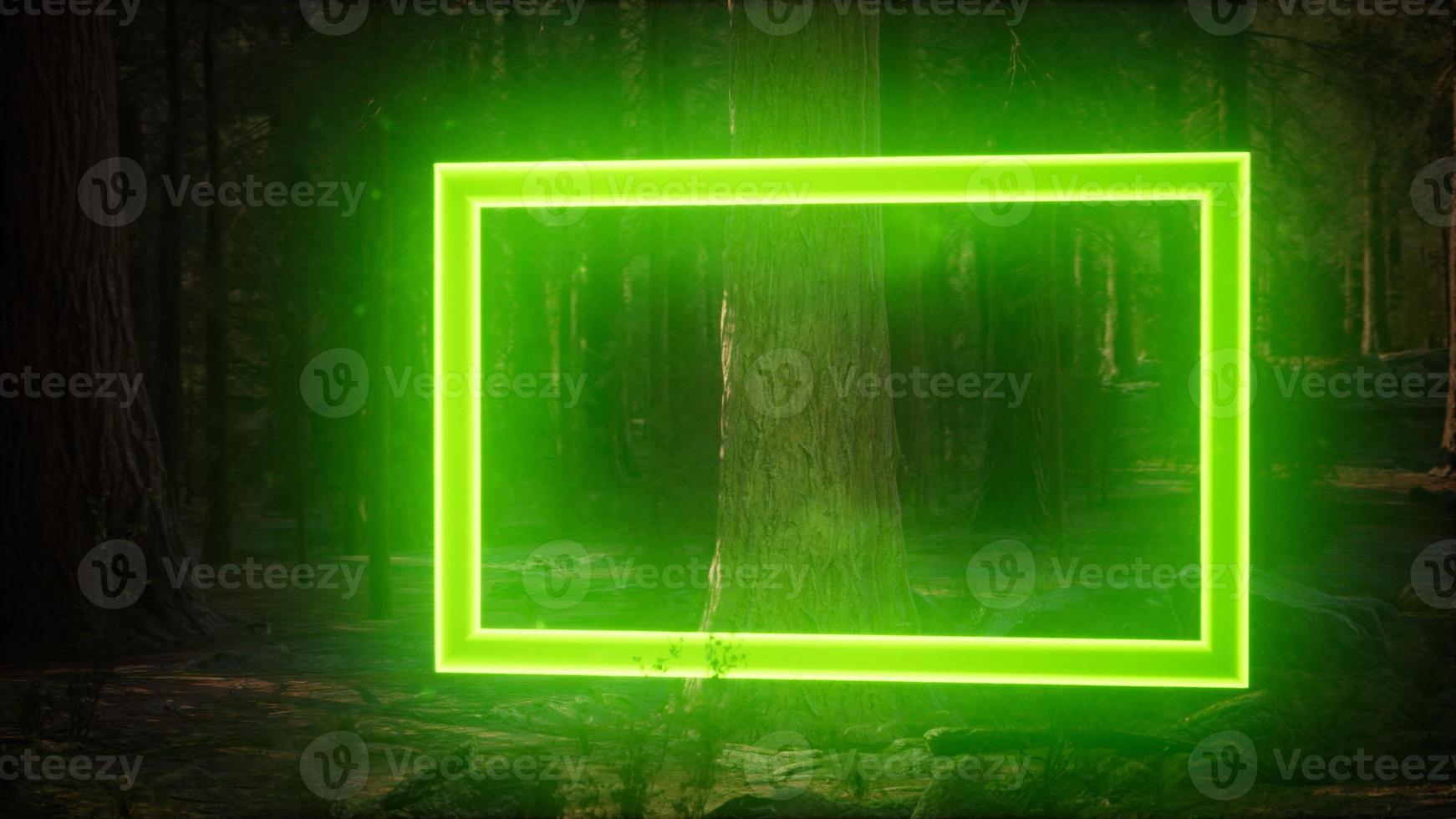 Neon glowing rectangle frame in the night forest photo