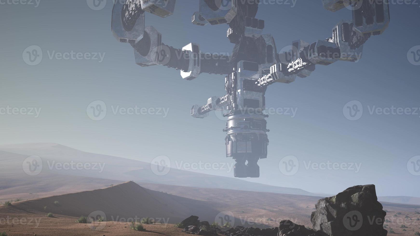 alien spaceship rotate over desert. ufo photo