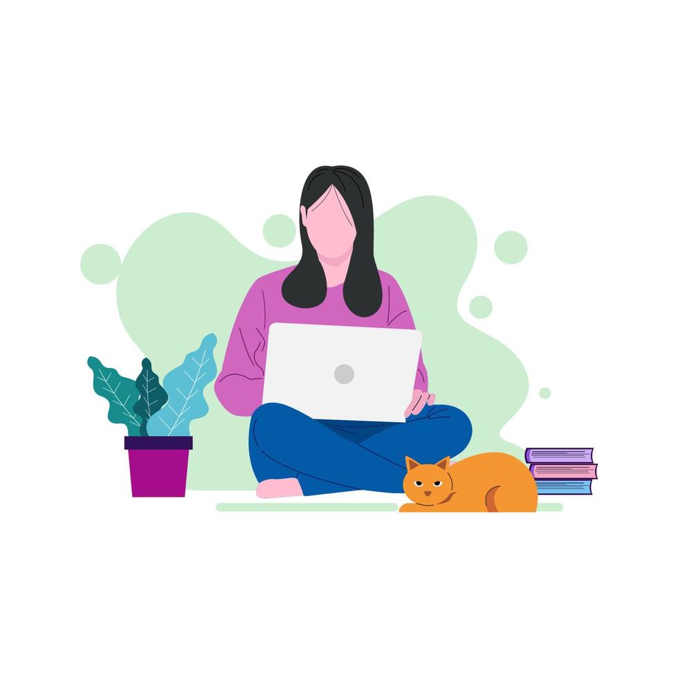 flat illustration of girl with laptop, stack of books and a cat vector