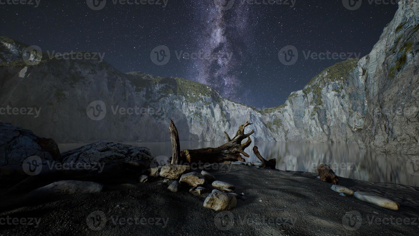 hyperlapse of night starry sky with mountain and ocean beach in Lofoten Norway photo