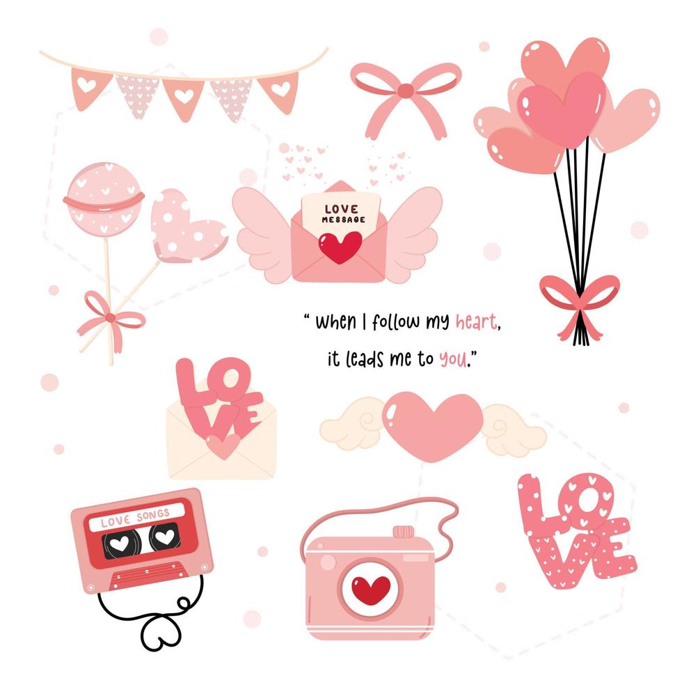 cute Love Valentine day decoration elements collection flat design vector