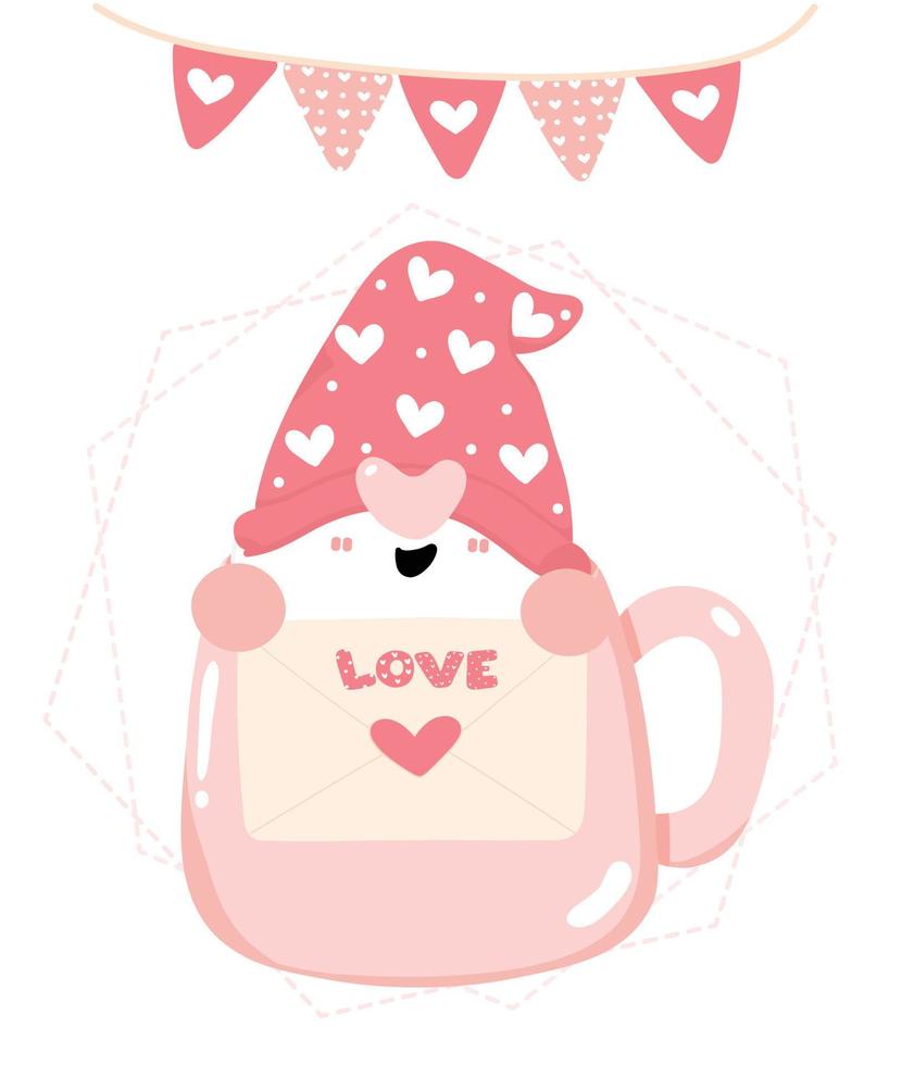 Happy Valentine cute gnome head in coffee cup with love letter and heart flag garland, cartoon flat vector