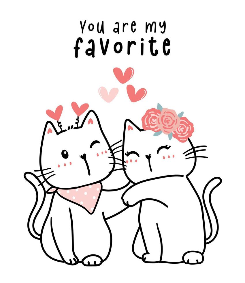 two couple cute white kitten cat in love cartoon outline drawing flat design, you are my favorite vector