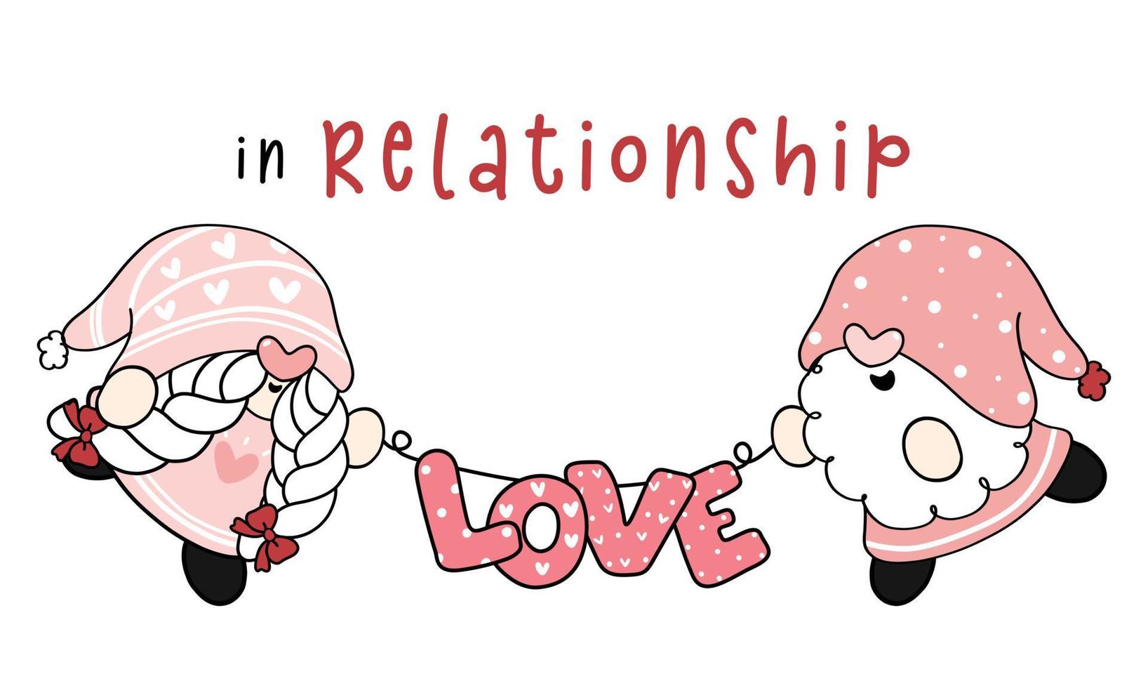 linda pareja de gnomos de san valentín en una relación sosteniendo la bandera de guirnalda de texto de amor, esquema de dibujo de dibujos animados de vector plano