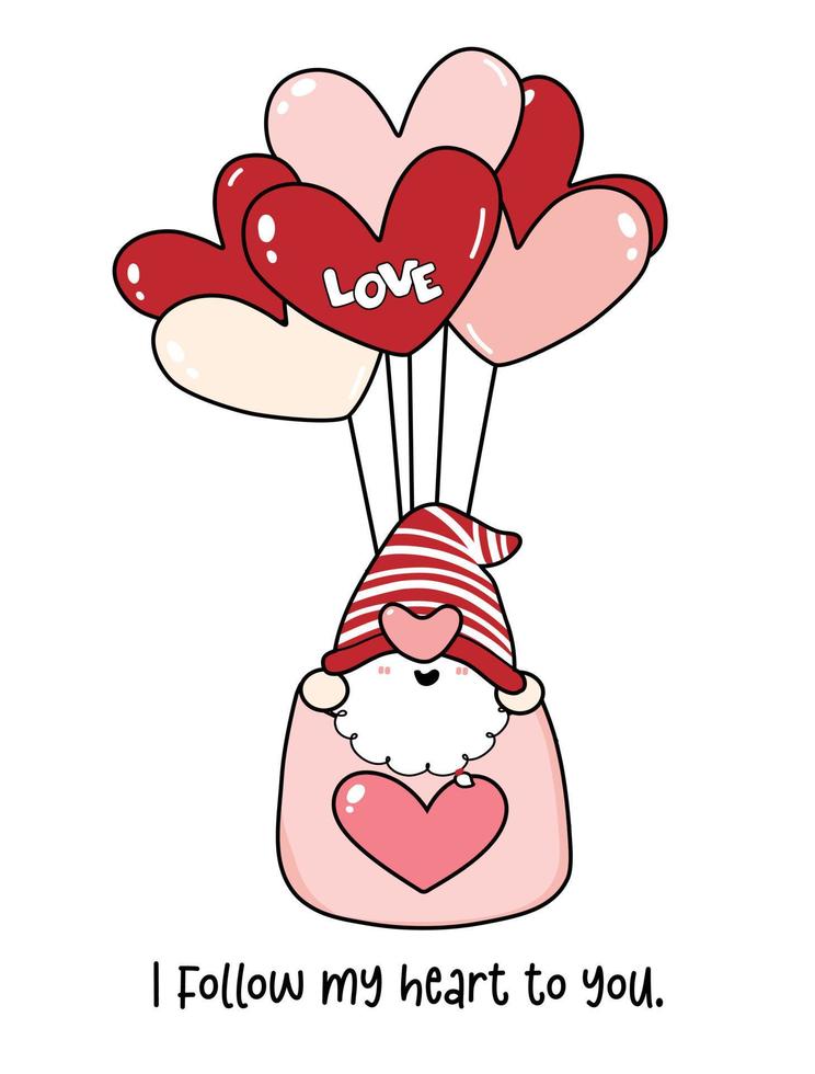 cute valentine gnome boy in heart shape balloon cartoon drawing outone flat vector,follow my heart to you vector
